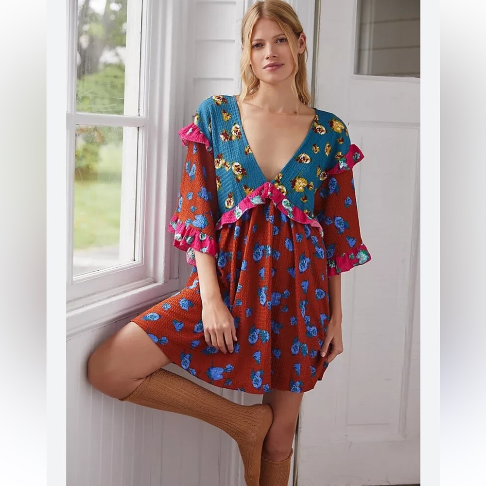 Anthropologie Ruffle Floral Mini Dres Babydoll Boho Spring Size M EUC